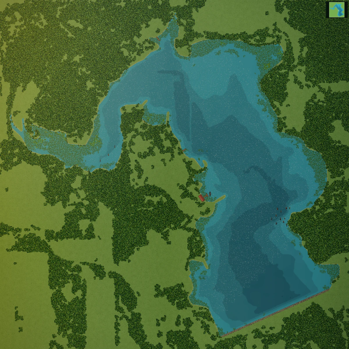 The entire Shabbona Lake in Lake Factory, with wooded banks, weed beds, standing timber, and a bass boat beside the dock.