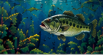 A detailed largemouth bass swimming through underwater vegetation