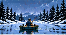 An angler on a snowy lake beneath a starry sky
