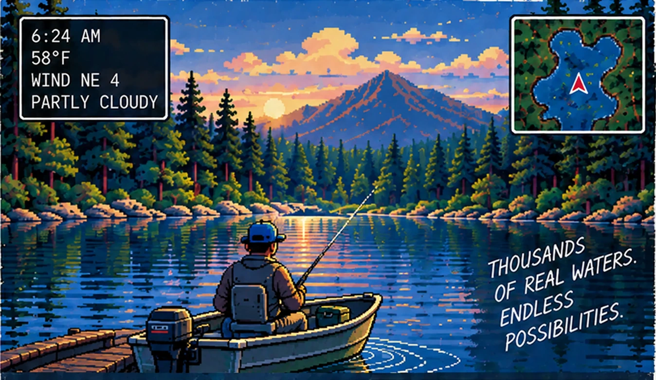 Pixel art of an angler seated in an aluminum fishing boat on a pine-lined mountain lake at sunrise. 6:24 AM, 58 degrees, wind northeast 4, partly cloudy. Thousands of real waters. Endless possibilities.