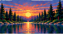 A colorful sunset over a lake between pine forests