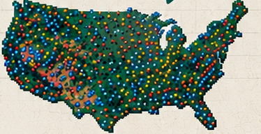 Map of the contiguous United States filled with colored dots representing waterways